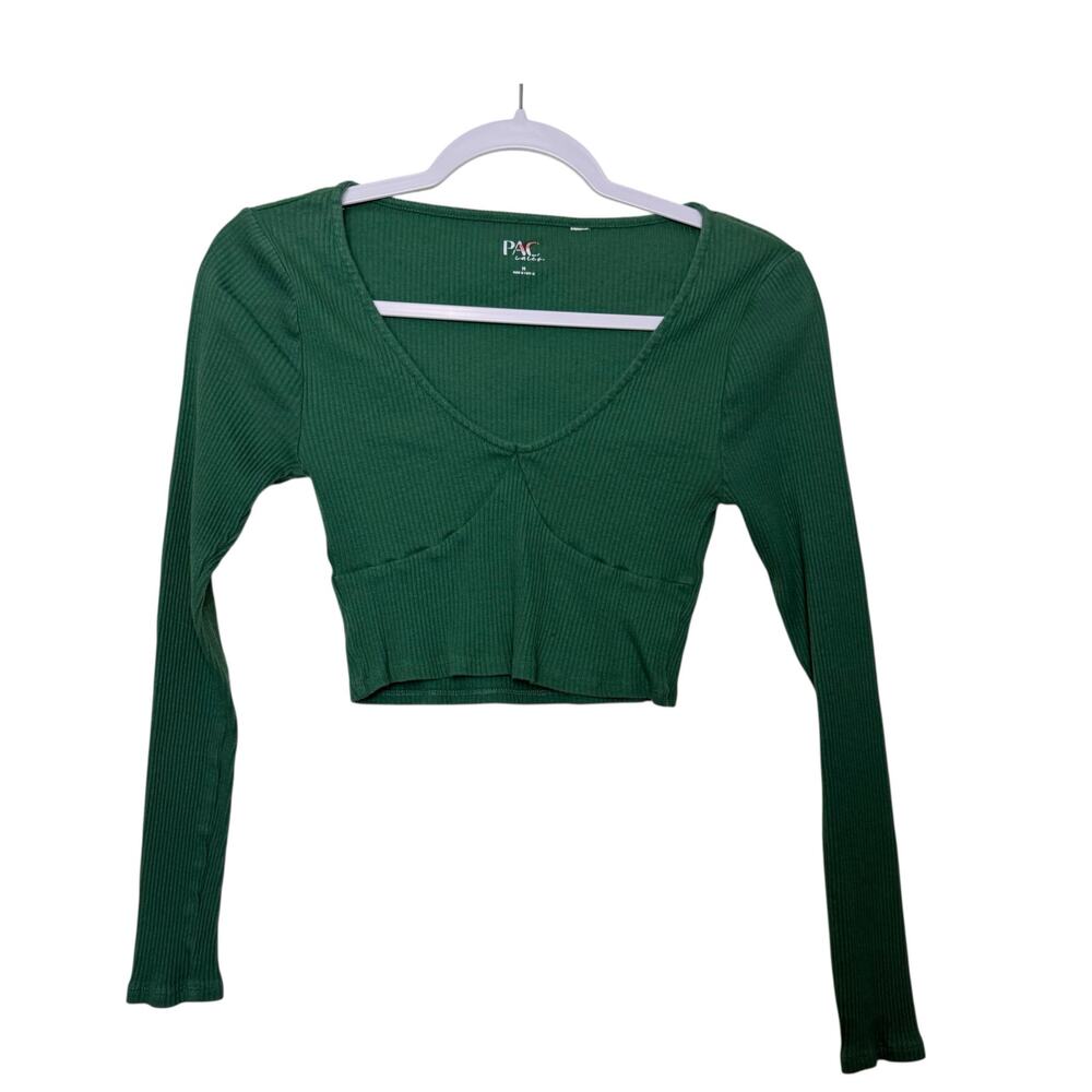Pac Cares Long Sleeve Cropped Ribbed Shirt Stretch‎ Green Women M Casual